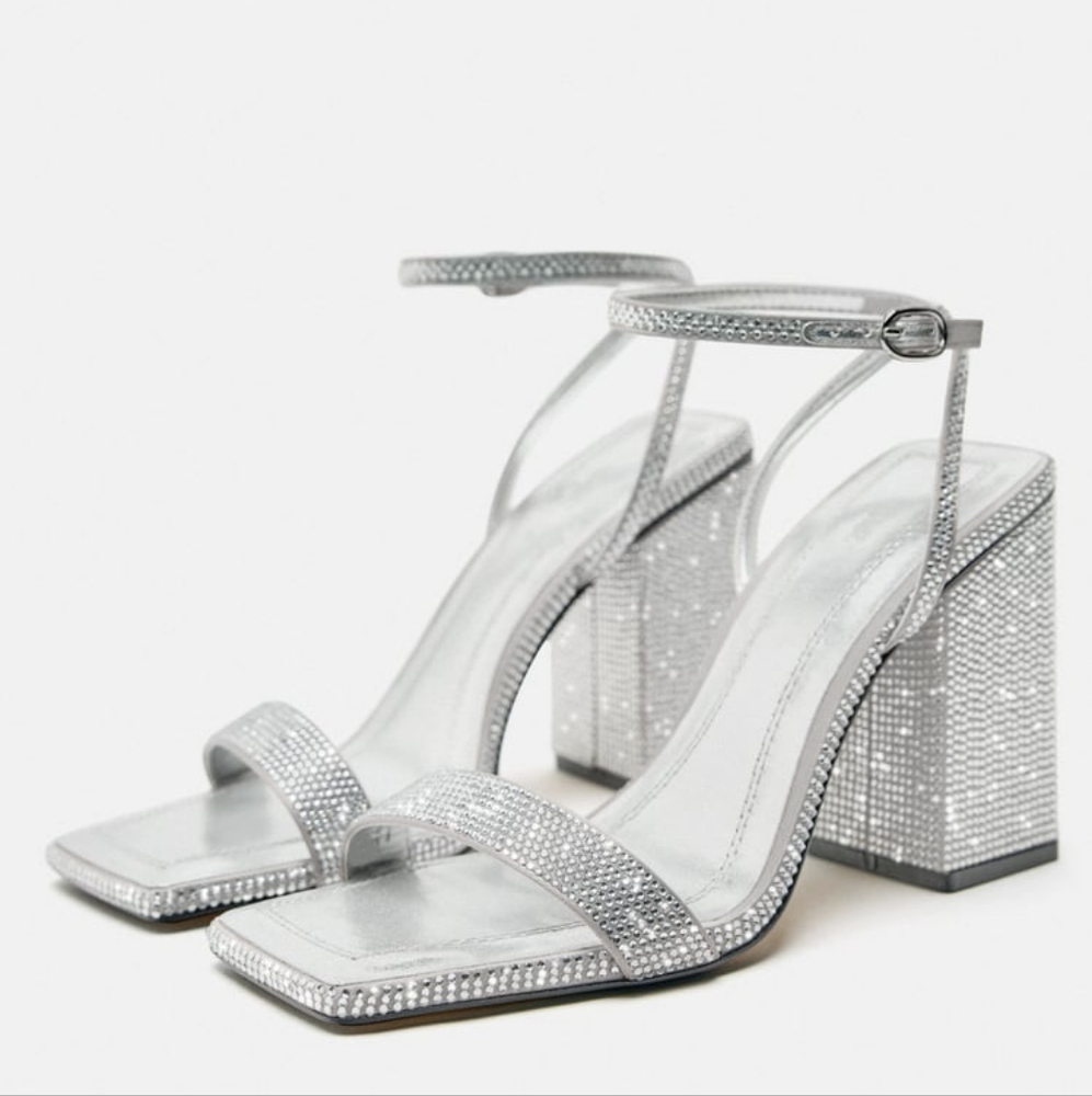 Zara Silver Block Heel Rhinestone Sandals
